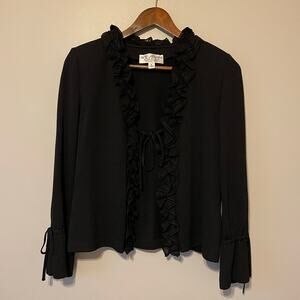 St. John Evening Black Cardigan Sweater Jacket Chiffon Ruffles sz 2